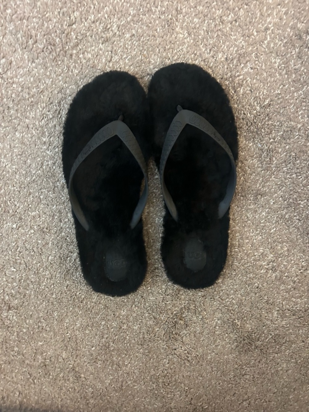 Ugg Plush Black shearling Flip Flop Sandals - Women's